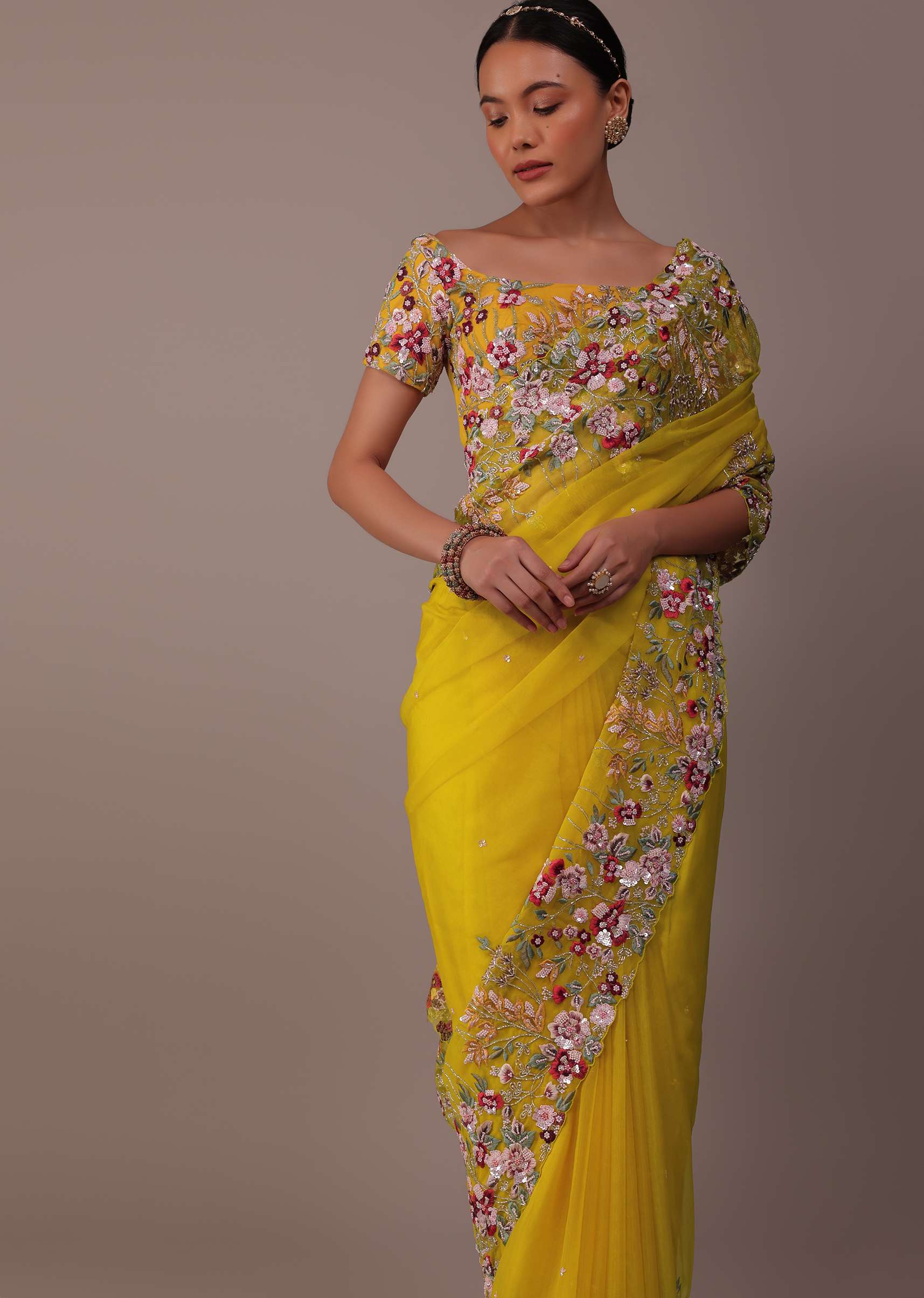 Canary Yellow Organza Saree With 3D Floral Embroidery