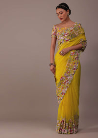 Canary Yellow Organza Saree With 3D Floral Embroidery