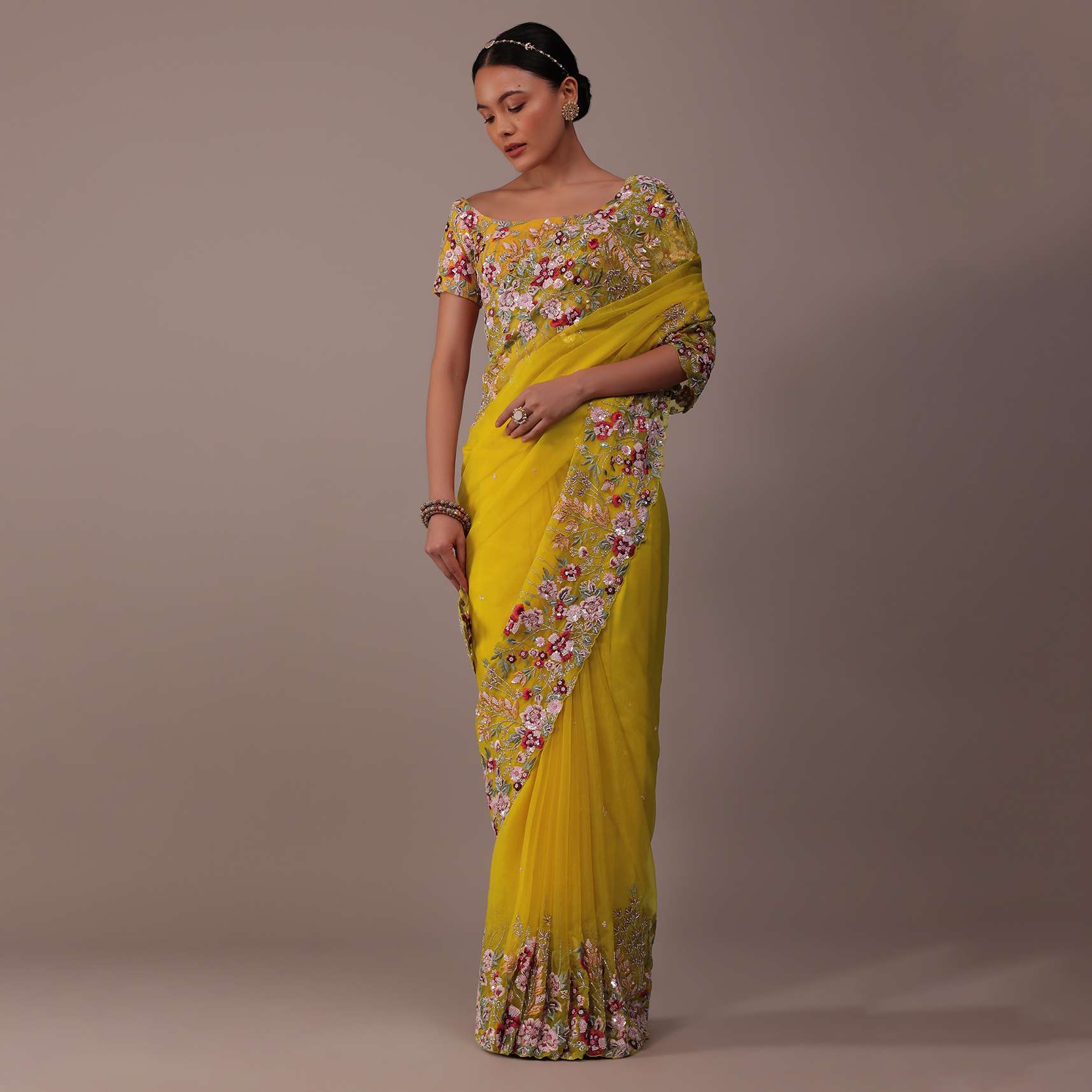 Canary Yellow Organza Saree With 3D Floral Embroidery