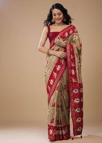 Tan Brown Patola Print Saree In Satin