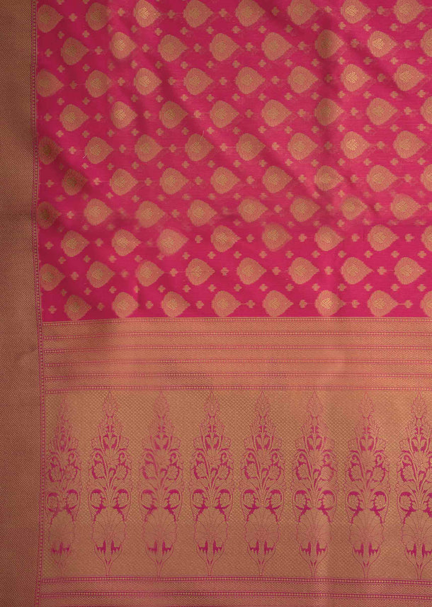 Candy pink saree in chanderi silk with zari weaved butti and brocade pallav