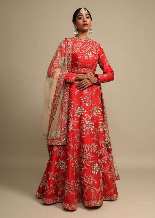 Candy Red Lehenga Choli In Raw Silk With Delicate Zari Embroidered Floral Design