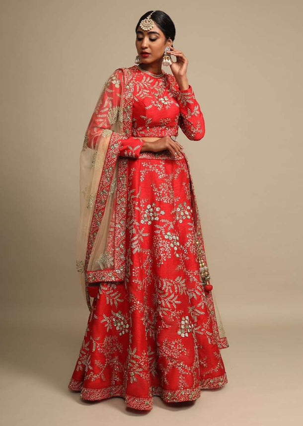 Candy Red Lehenga Choli In Raw Silk With Delicate Zari Embroidered Floral Design