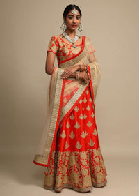 Candy Red Lehenga Choli In Raw Silk With Zari Embroidered Roses On The Hem And Floral Buttis Online - Kalki Fashion