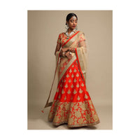 Candy Red Lehenga Choli In Raw Silk With Zari Embroidered Roses On The Hem And Floral Buttis Online - Kalki Fashion