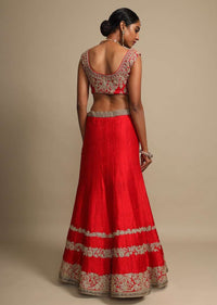 Candy Red Lehenga Choli With Zari Embroidered Dainty Floral Stripes On The Hem Online - Kalki Fashion