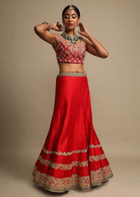 Candy Red Lehenga Choli With Zari Embroidered Dainty Floral Stripes On The Hem Online - Kalki Fashion