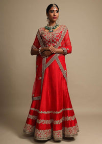 Candy Red Lehenga Choli With Zari Embroidered Dainty Floral Stripes On The Hem Online - Kalki Fashion