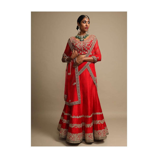 Candy Red Lehenga Choli With Zari Embroidered Dainty Floral Stripes On The Hem Online - Kalki Fashion