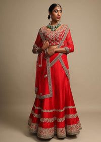 Candy Red Lehenga Choli With Zari Embroidered Dainty Floral Stripes On The Hem Online - Kalki Fashion