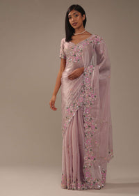 Candy Pink Glass Silk Saree With 3D Floral Embroidery
