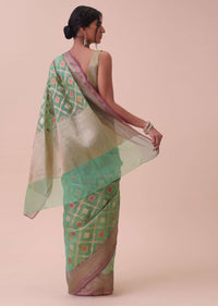 Green Kora Cotton Silk Saree With Meenakari Butti All over