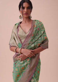 Green Kora Cotton Silk Saree With Meenakari Butti All over