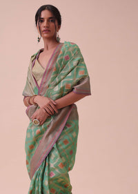 Green Kora Cotton Silk Saree With Meenakari Butti All over