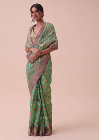 Green Kora Cotton Silk Saree With Meenakari Butti All over