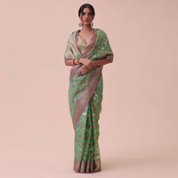 Green Kora Cotton Silk Saree With Meenakari Butti All over