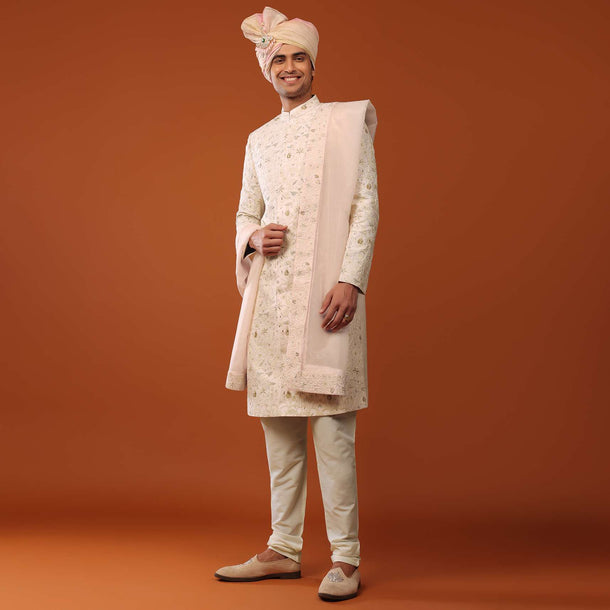 Candy Pink Sherwani Set In Silk With Sequins Embroidery