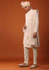 Candy Pink Sherwani Set In Silk With Sequins Embroidery