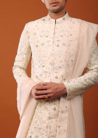 Candy Pink Sherwani Set In Silk With Sequins Embroidery