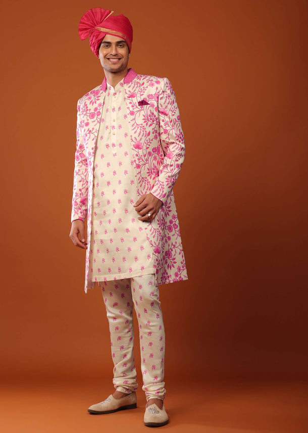 Candy Pink Sherwani Set With Open Floral Jacket
