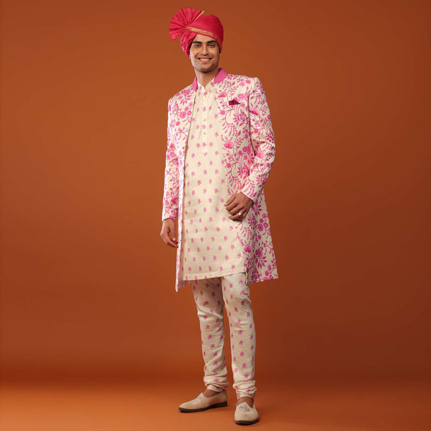 Candy Pink Sherwani Set With Open Floral Jacket