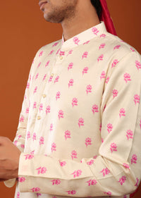 Candy Pink Sherwani Set With Open Floral Jacket