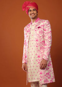 Candy pink sherwani set with open floral design