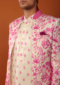 Candy Pink Sherwani Set With Open Floral Jacket