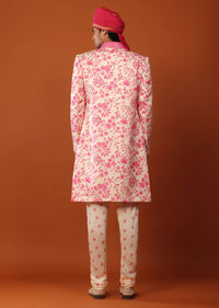 Candy Pink Sherwani Set With Open Floral Jacket