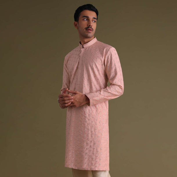 Candy Pink Thread-Embroidered Festive Kurta Set In Silk With Motif Work