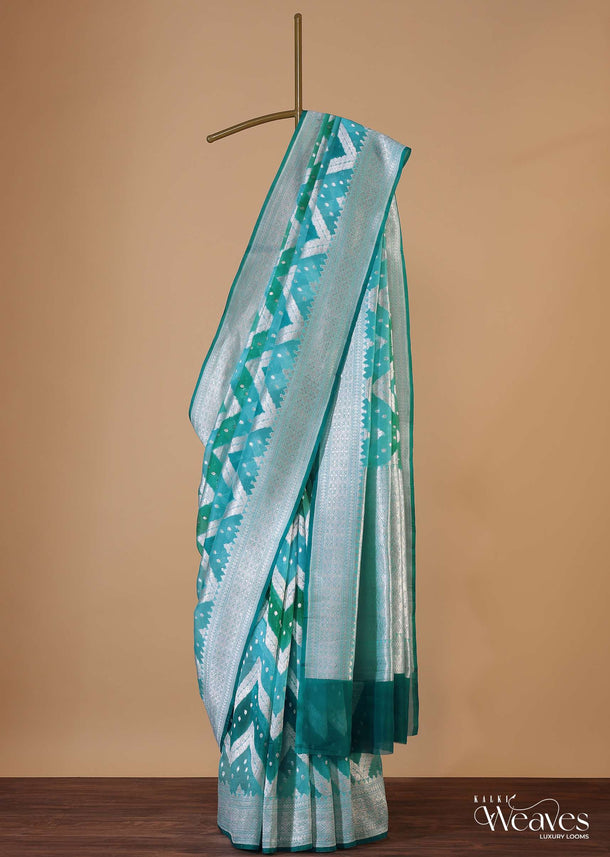 Sky Blue Georgette Saree In Banarasi Kora Zari Rangkat Weave With An Unstitched Blouse