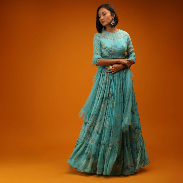 Capri Blue Lehenga Choli In Georgette With Floral Print And Sequin Accents