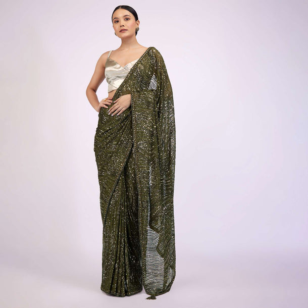 Capulet Olive Green Saree In Sequins With Embroidery