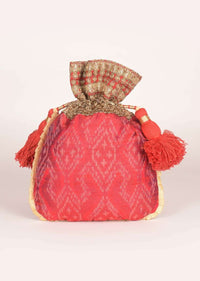 Carmine Red Potli In Ikkat Weave With Red Elaborate Tassel Dori Online - Kalki Fashion
