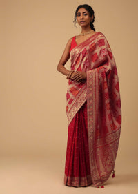 Carmine Red Dola Silk Banarasi Saree With Bandhani Waeve