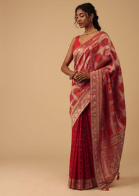 Carmine Red Dola Silk Banarasi Saree With Bandhani Waeve