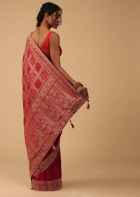 Carmine Red Dola Silk Banarasi Saree With Bandhani Waeve