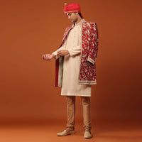 Carmine Red Indowestern Set In Silk With Threadwork And Cut Dana Embroidery