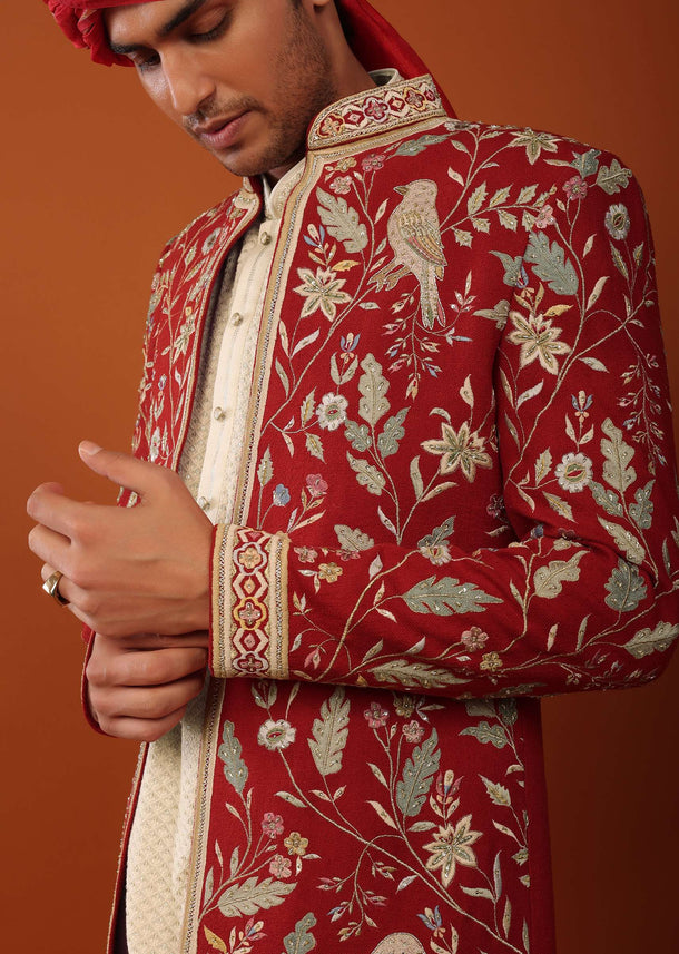 Carmine Red Indowestern Set In Silk With Threadwork And Cut Dana Embroidery