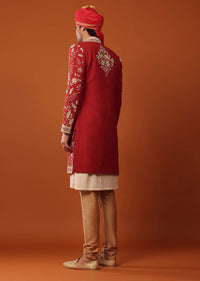 Carmine Red Indowestern Set In Silk With Threadwork And Cut Dana Embroidery
