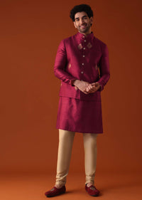 Carmine Red Jacket Kurta Set In Dupion Silk With Golden Floral Motifs