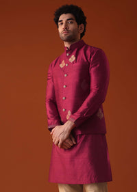 Carmine Red Jacket Kurta Set In Dupion Silk With Golden Floral Motifs