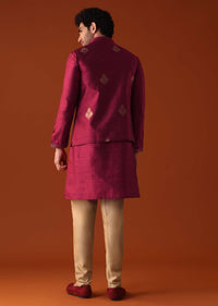 Carmine Red Jacket Kurta Set In Dupion Silk With Golden Floral Motifs