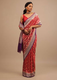 Carmine Red Saree In Georgette With Wine Border And Woven Floral Jaal Work