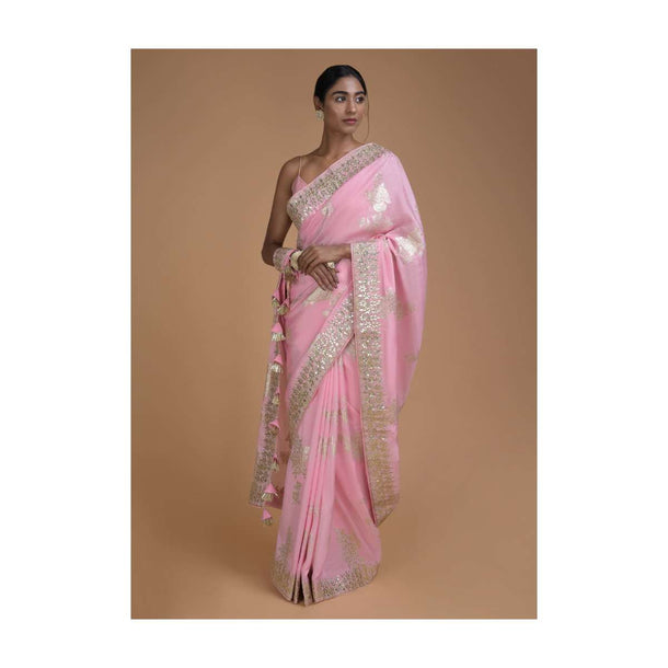 Carnation Pink Saree In Silk With Weaved Floral Motifs In Repeat Pattern Online - Kalki Fashion