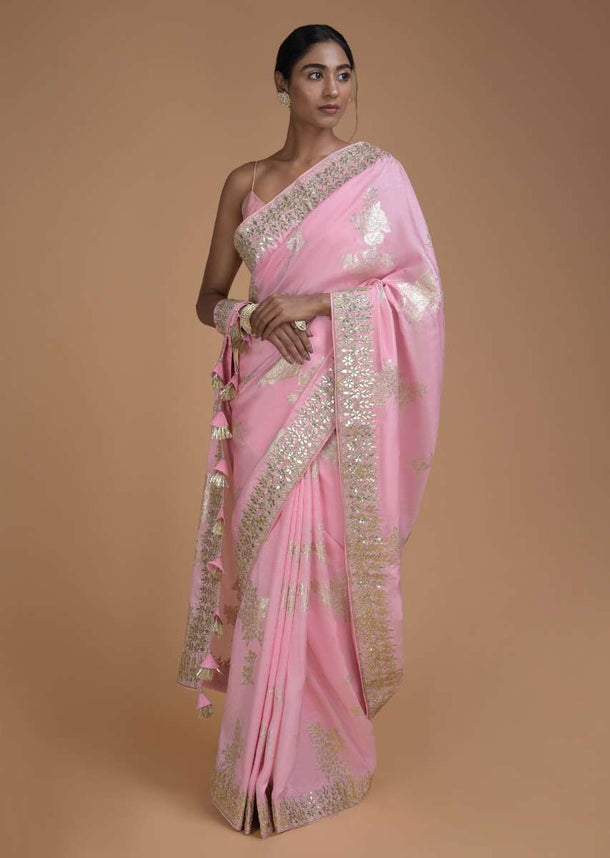 Carnation Pink Saree In Silk With Weaved Floral Motifs In Repeat Pattern Online - Kalki Fashion