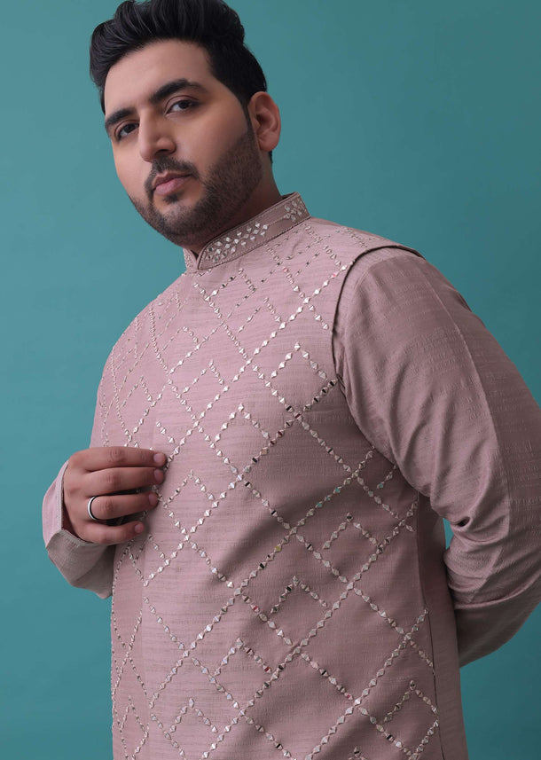 Carnation Pink Nehru Jacket And Kurta Set With Resham And Mirror Embroidery