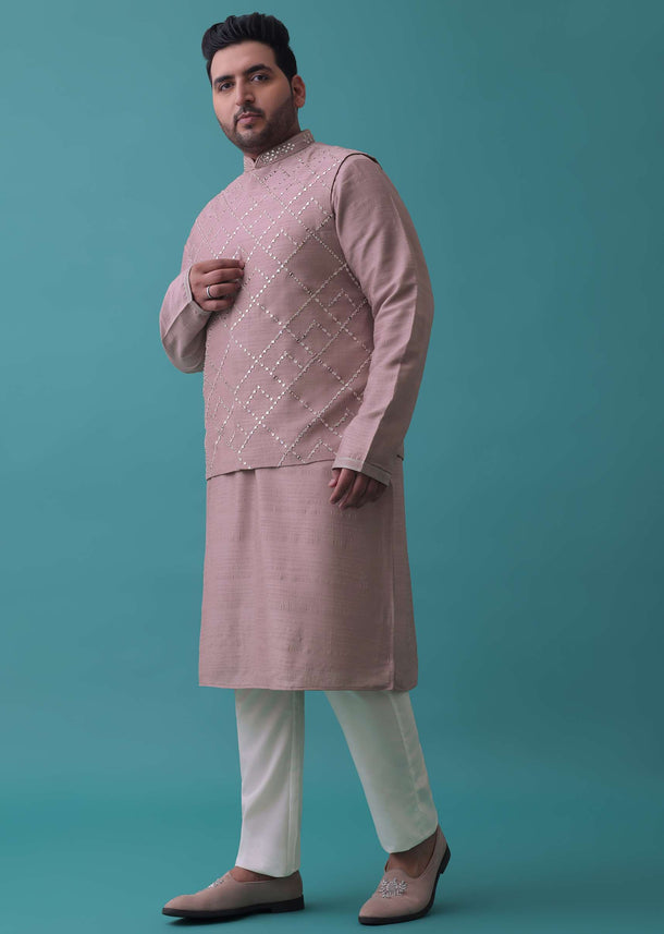 Carnation Pink Nehru Jacket And Kurta Set With Resham And Mirror Embroidery