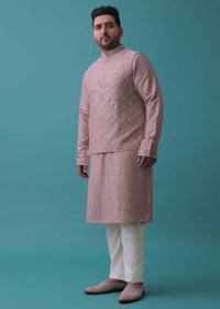 Carnation Pink Nehru Jacket And Kurta Set With Resham And Mirror Embroidery
