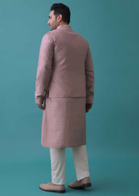 Carnation Pink Nehru Jacket And Kurta Set With Resham And Mirror Embroidery